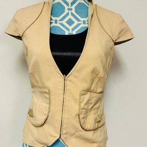 Marciano Blazer Women 10 Tan Deep V Zip Front Gold Studs Cap Sleeves Peplum Back